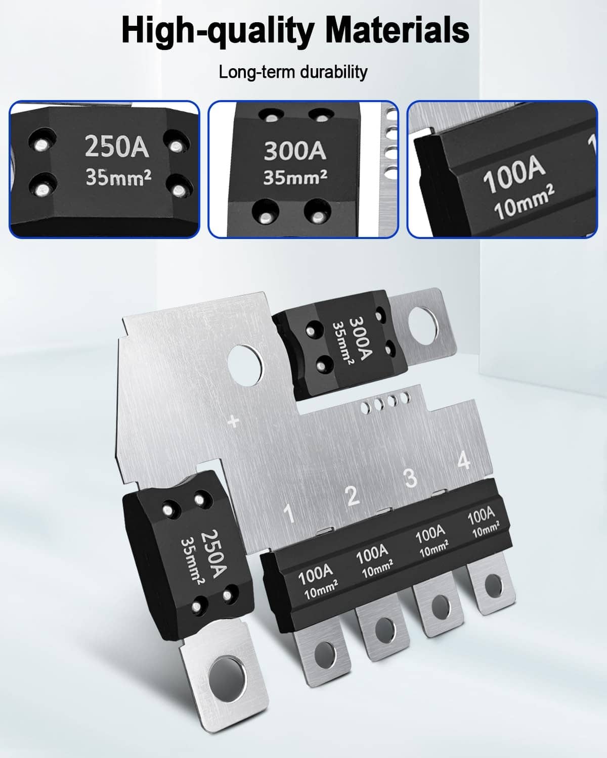 Main fuse block plate with black 250A/300A fuse module and silver terminals