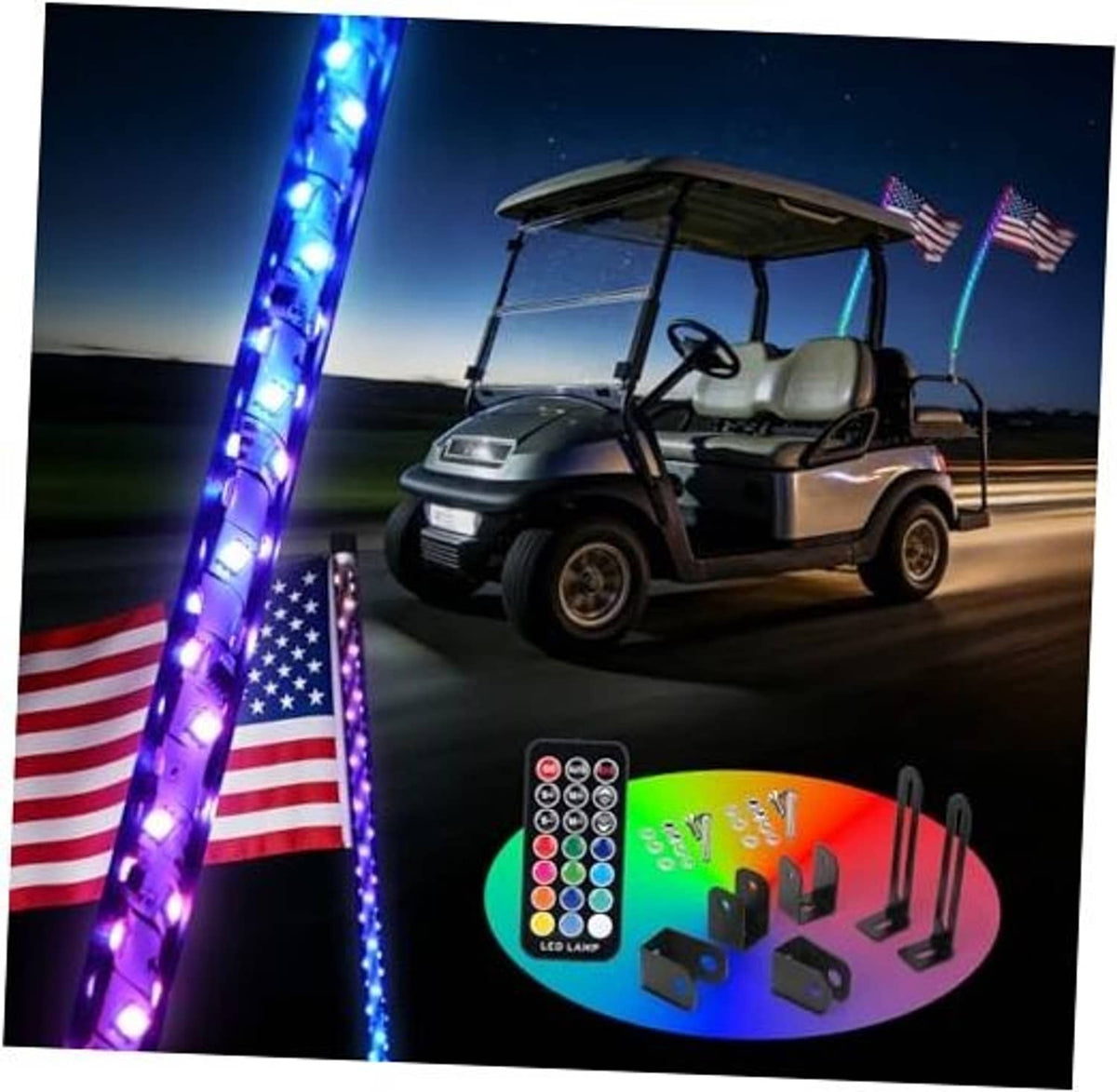 Blue LED whip light strips with flexible stems for golf cart lighting set