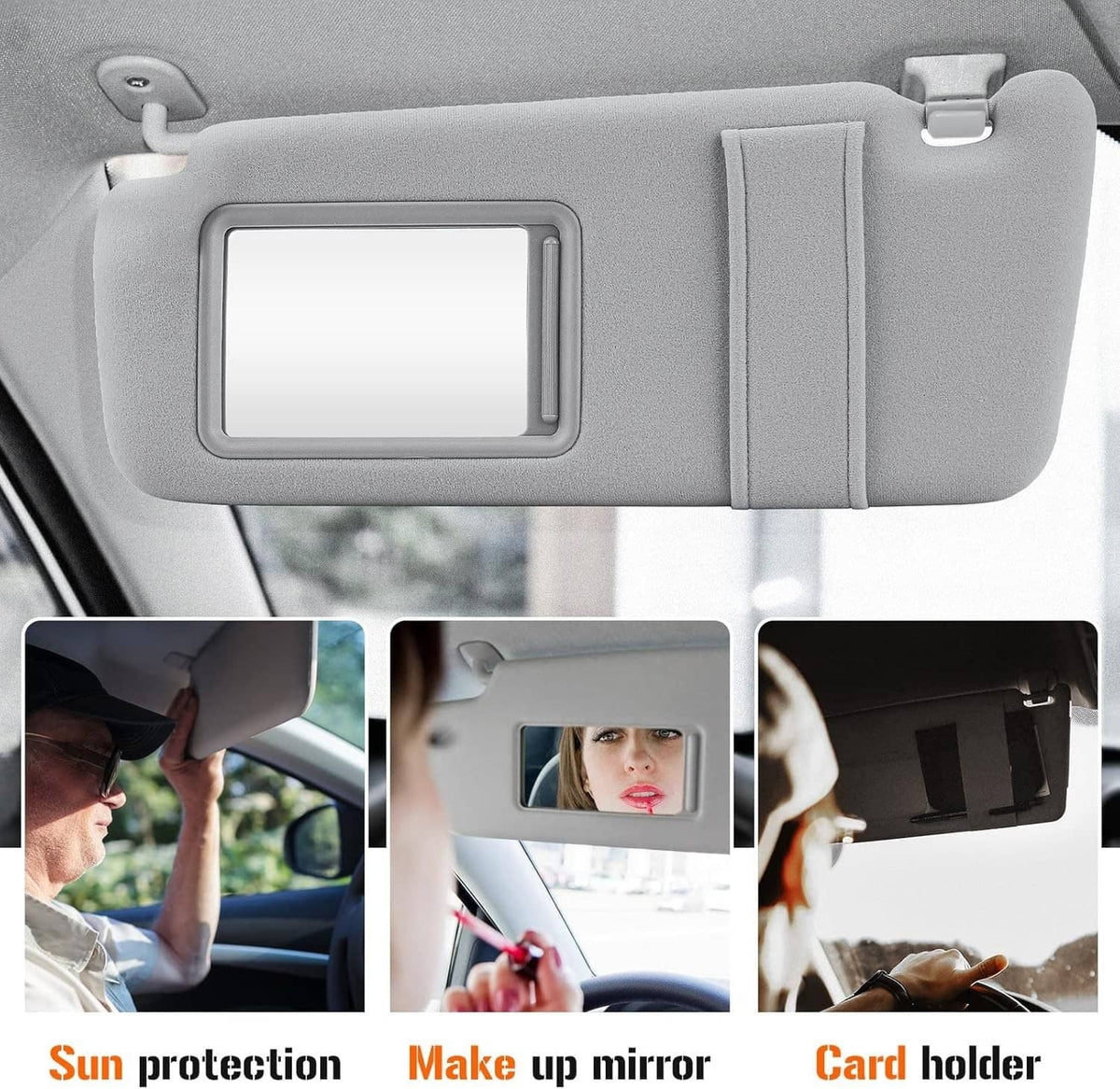Gray sun visor with rectangular vanity mirror window and folded support strap