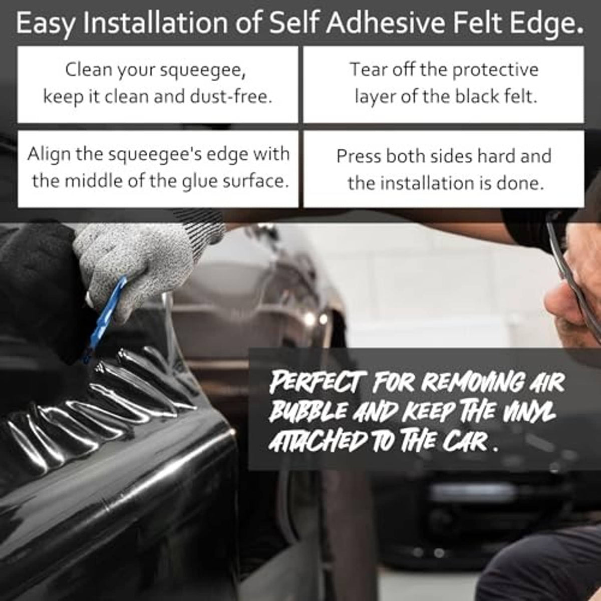 Blue felt-edge squeegee showing felt strip and clean-dust-free installation process