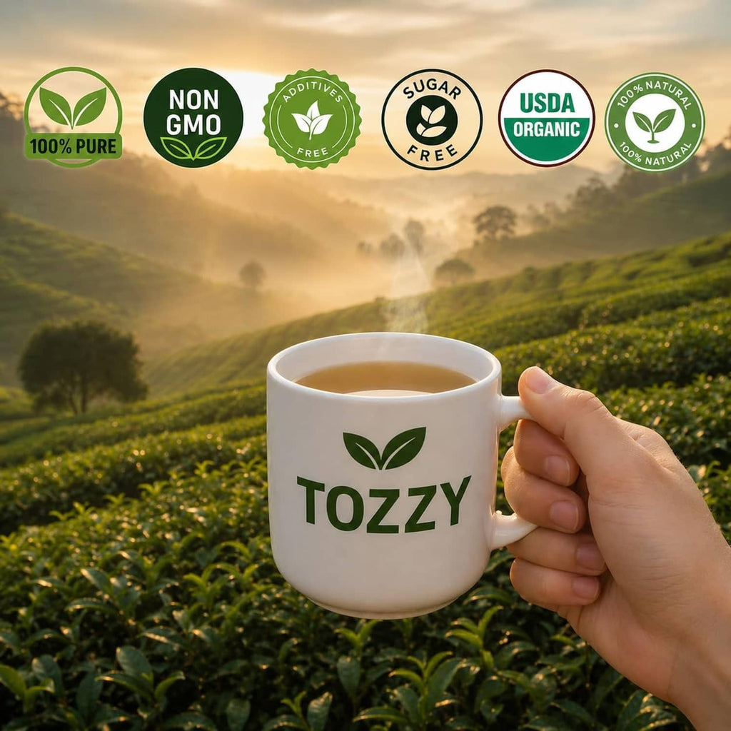 Turmeric ginger cinnamon tea cup in hand with Tozzy logo; non-GMO and USDA Organic badges