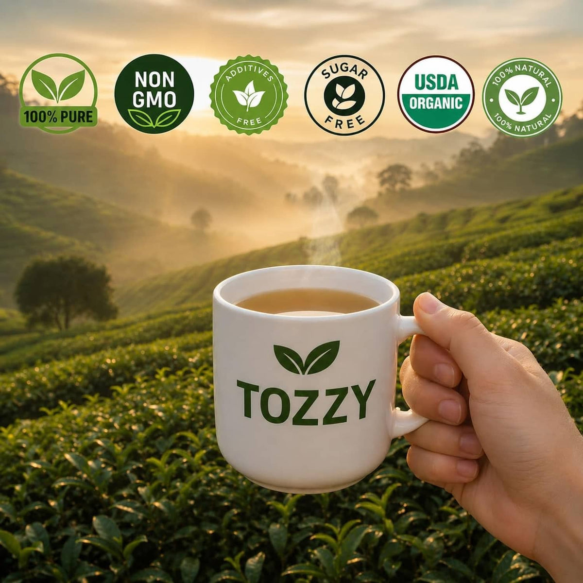 Turmeric ginger cinnamon tea cup in hand with Tozzy logo; non-GMO and USDA Organic badges
