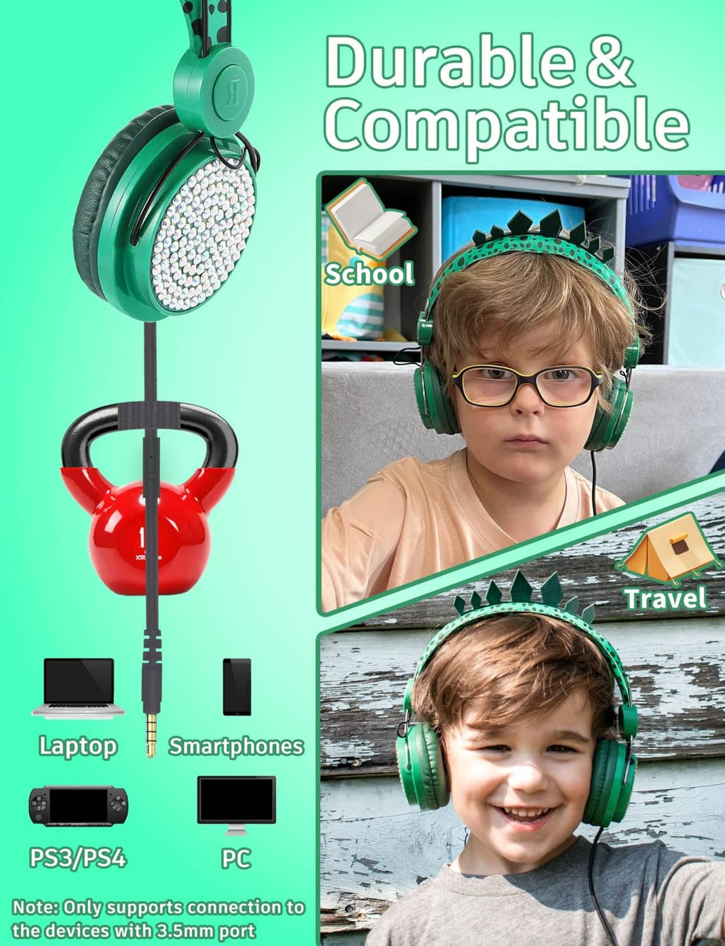 Green kids dinosaur wired headphones with padded over-ear cups worn by a child
