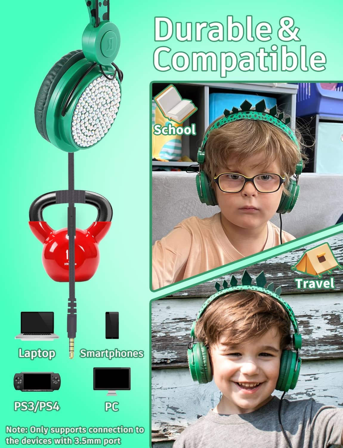 Green kids dinosaur wired headphones with padded over-ear cups worn by a child