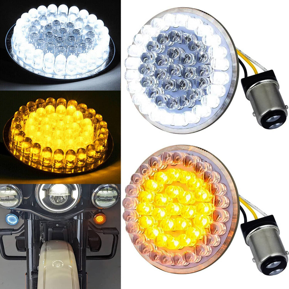 Pair of round LED turn signal lights with clear lens, silver socket, and wire leads (white/amber)