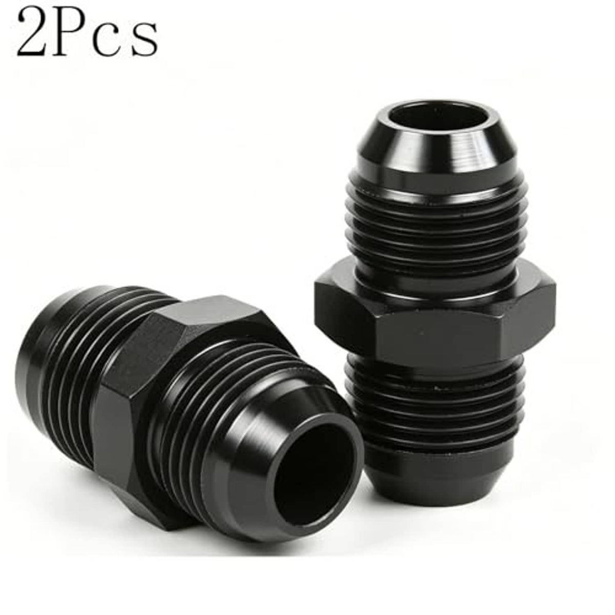 Black AN flare male fuel hose adapters, 2-piece set, hex base, ridged threaded ends