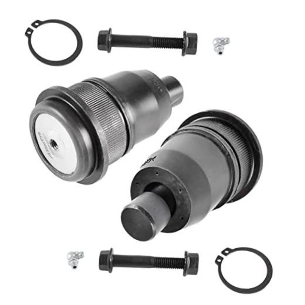Front upper ball joint pair with black housings, boots, bolts, and retaining ring seals