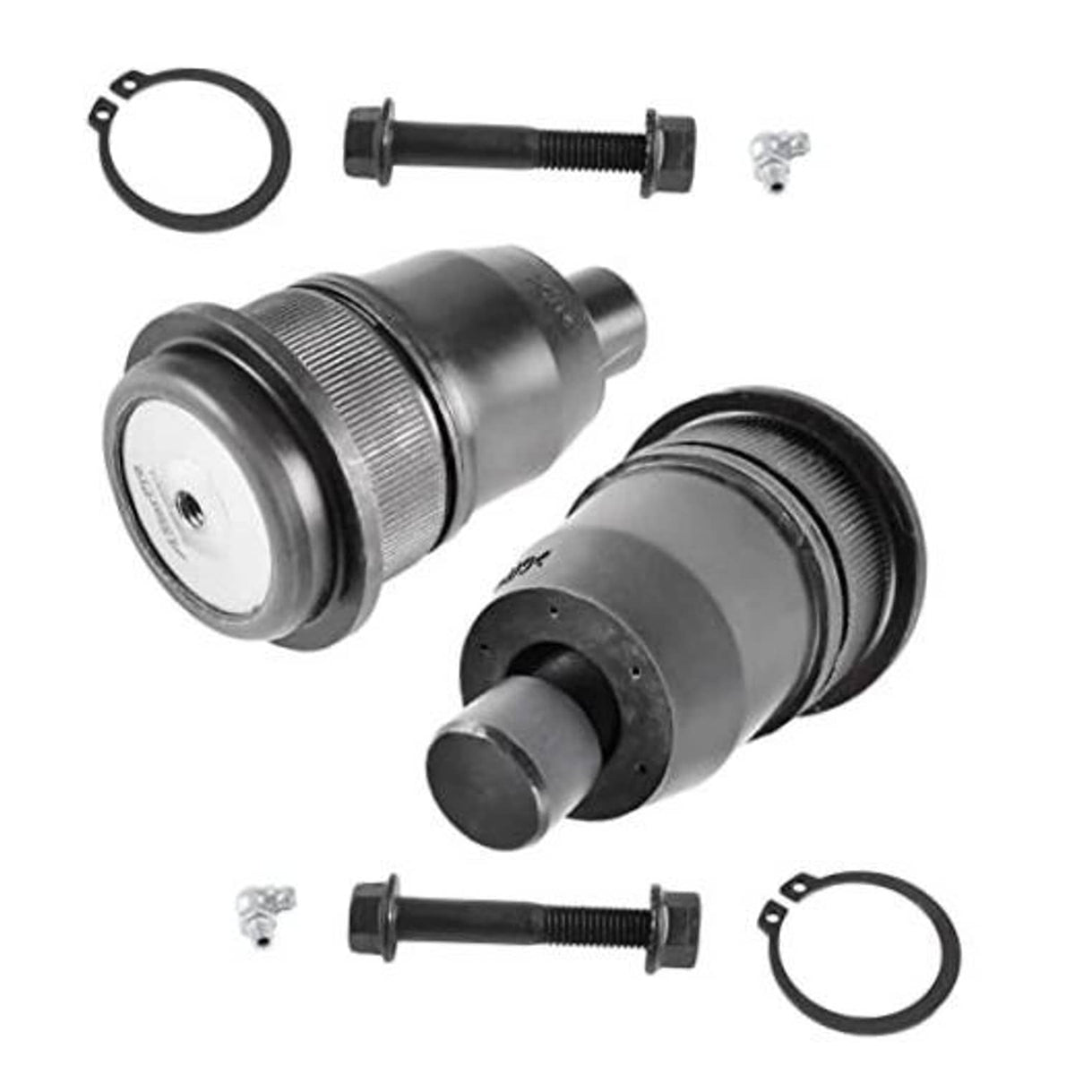 Front upper ball joint pair with black housings, boots, bolts, and retaining ring seals