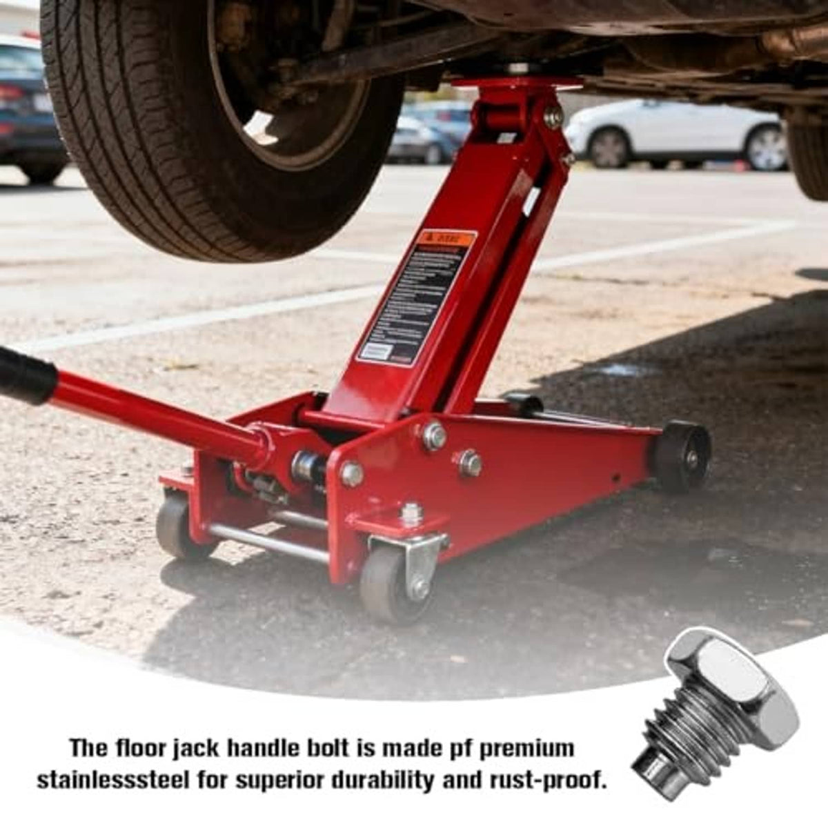 Hydraulic floor jack handle bolt, silver hex screw on red jack base