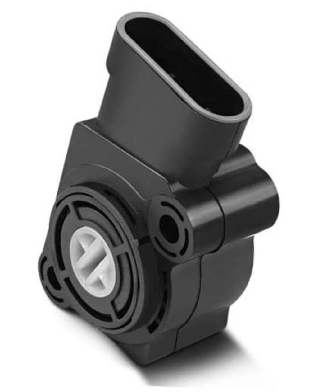 Black throttle position sensor with electrical connector and round mounting base