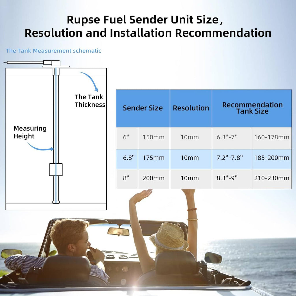 Fuel sender unit installation size schematic with tank measurement chart
