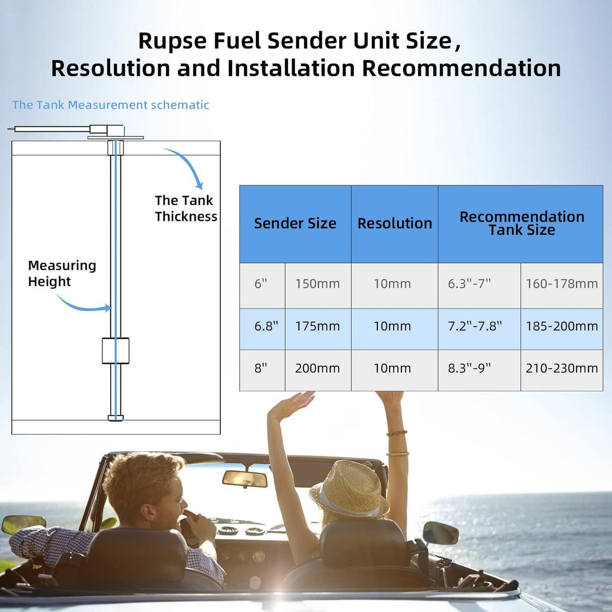Fuel sender unit installation size schematic with tank measurement chart