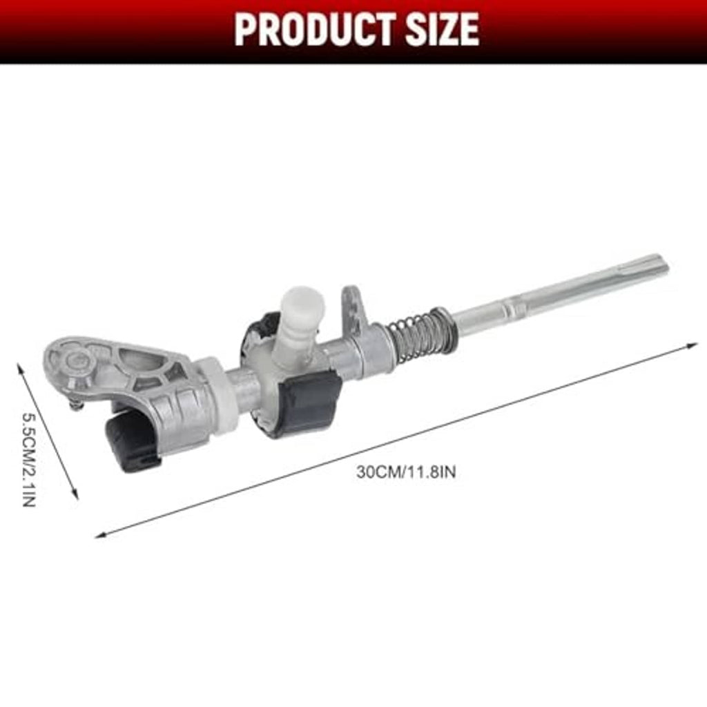 Gear shifter selector lever assembly with coiled spring and fork, shown with length diagram