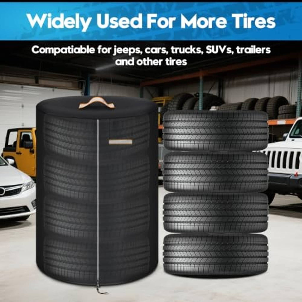 Black large tire storage bag with handle, standing next to stacked tires