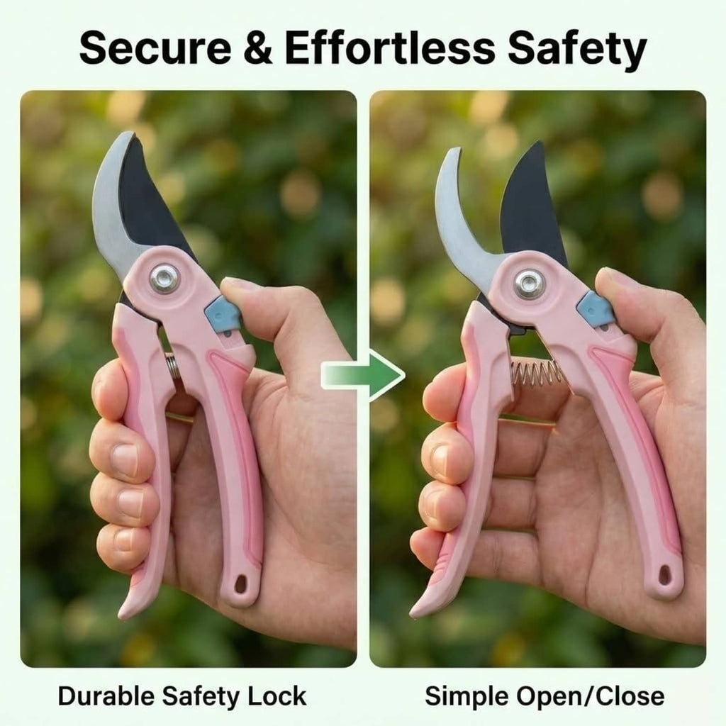 Pink pruning shears with durable safety lock and open/close mechanism