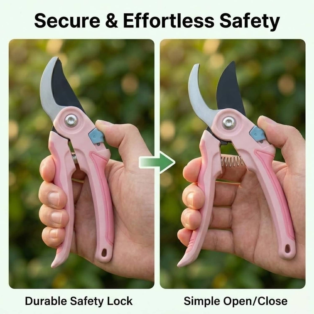 Pink pruning shears with durable safety lock and open/close mechanism