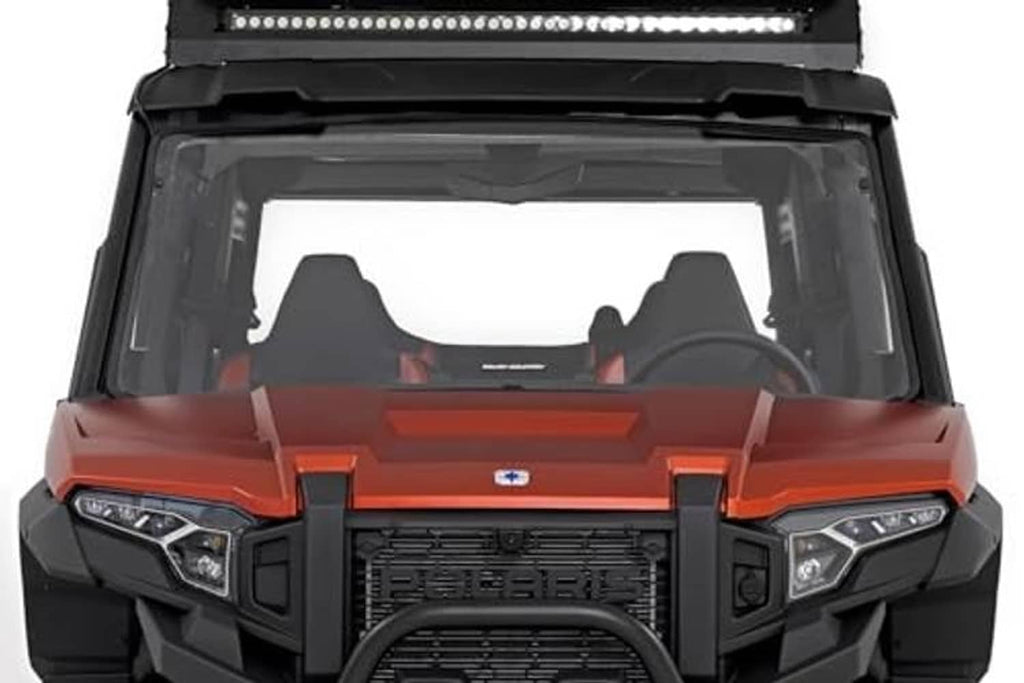 UTV front full windshield with clear panel and black frame above the dash