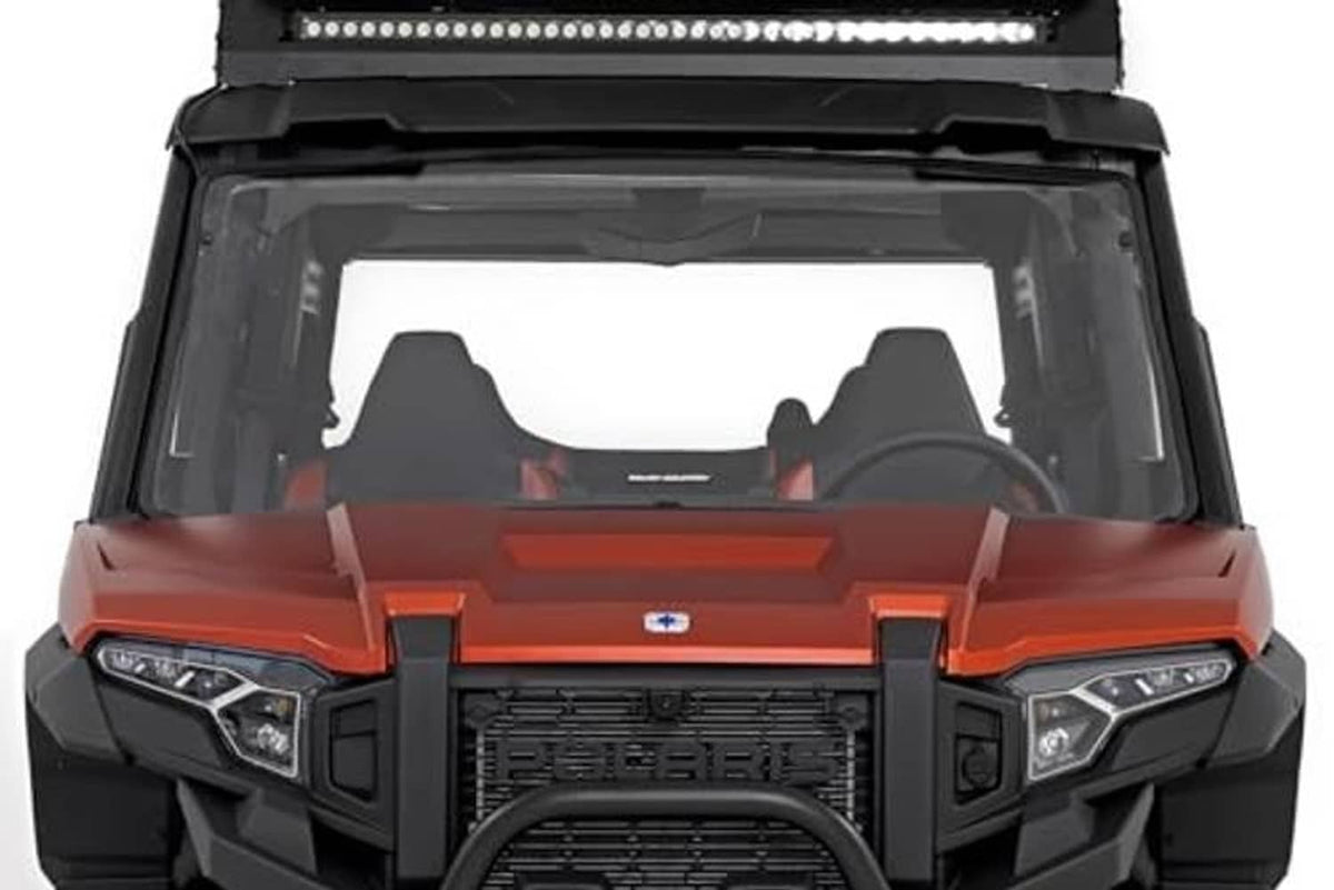 UTV front full windshield with clear panel and black frame above the dash