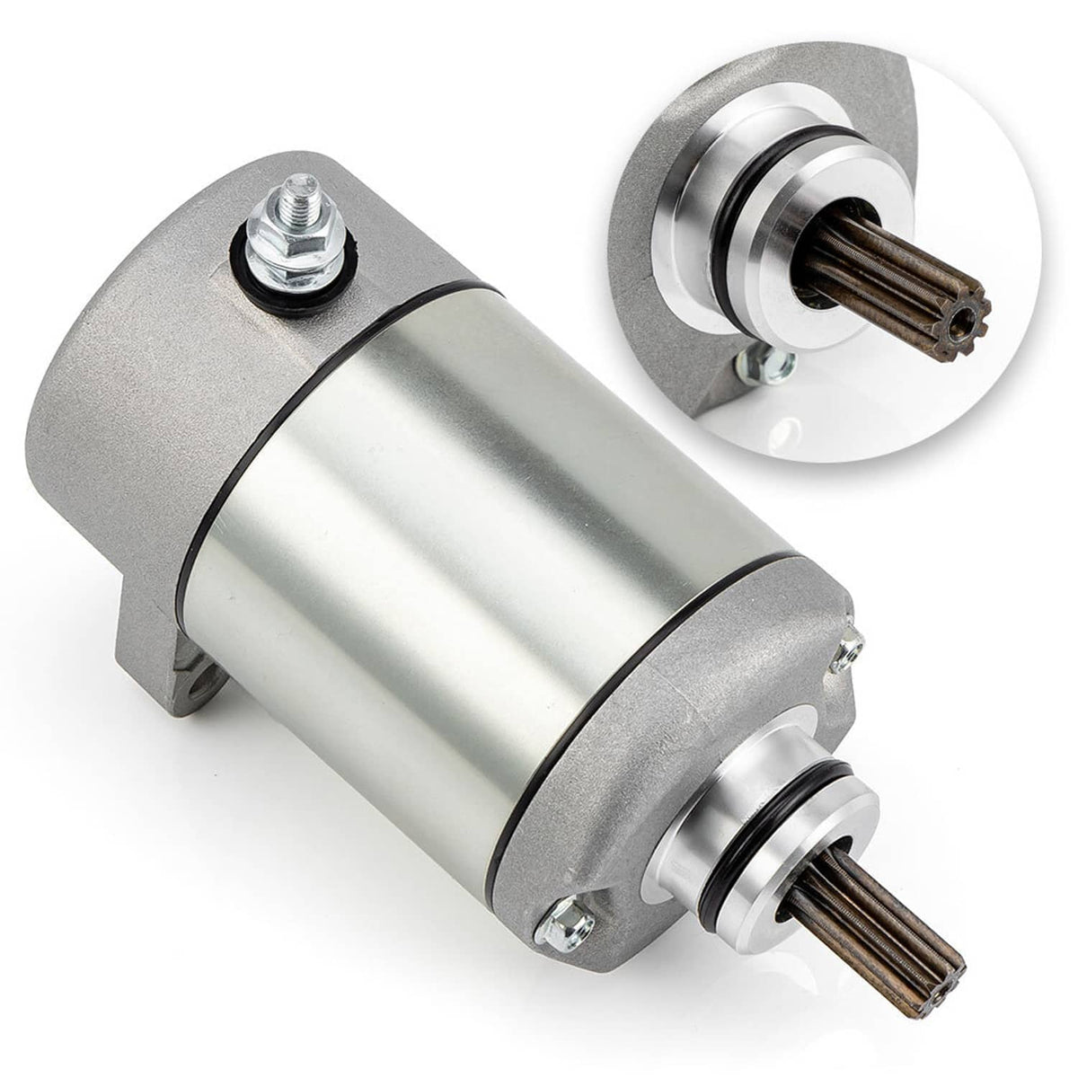 Starter motor with close-up inset of pinion gear end