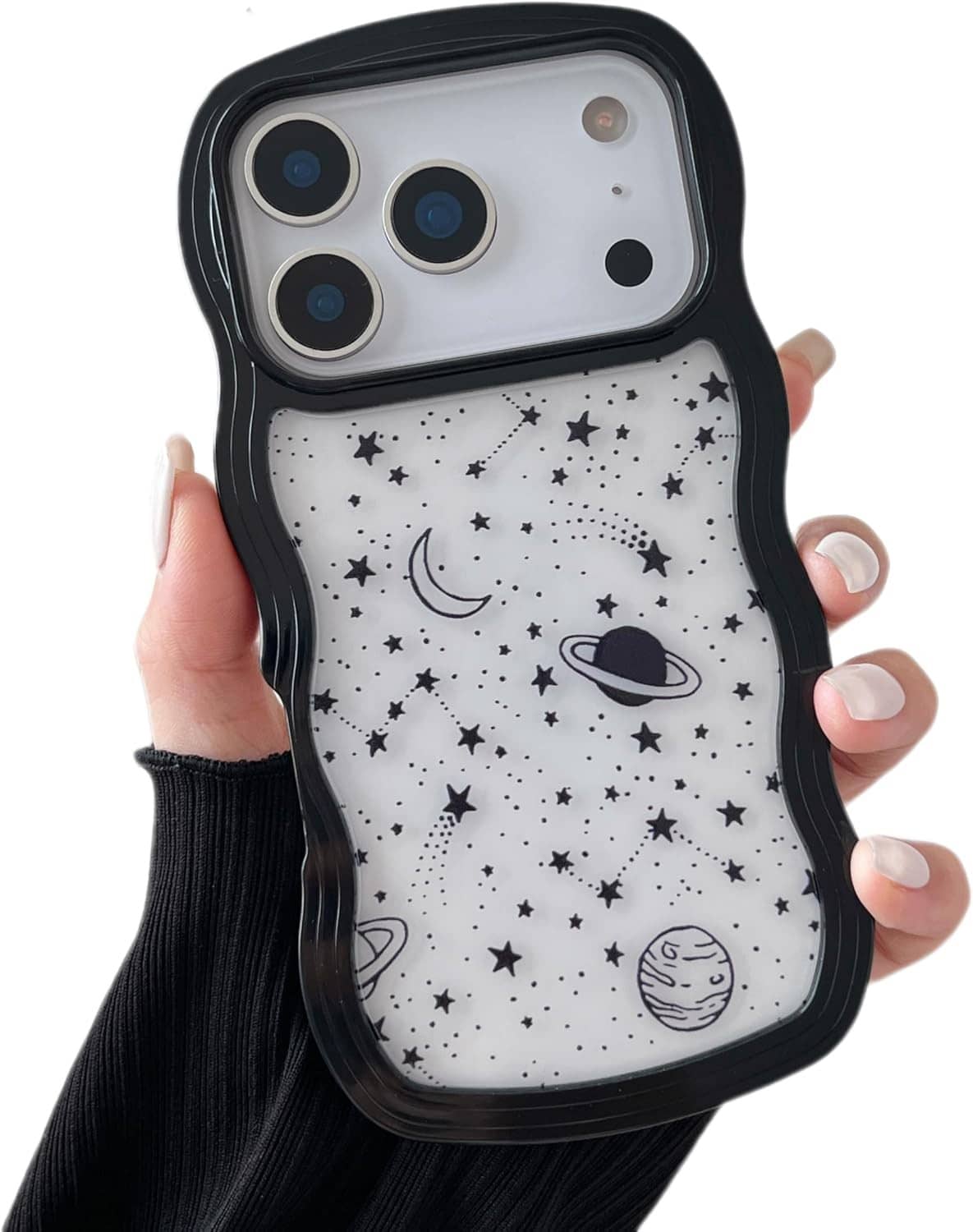 Wavy black phone case with star and planet pattern, raised camera cutouts