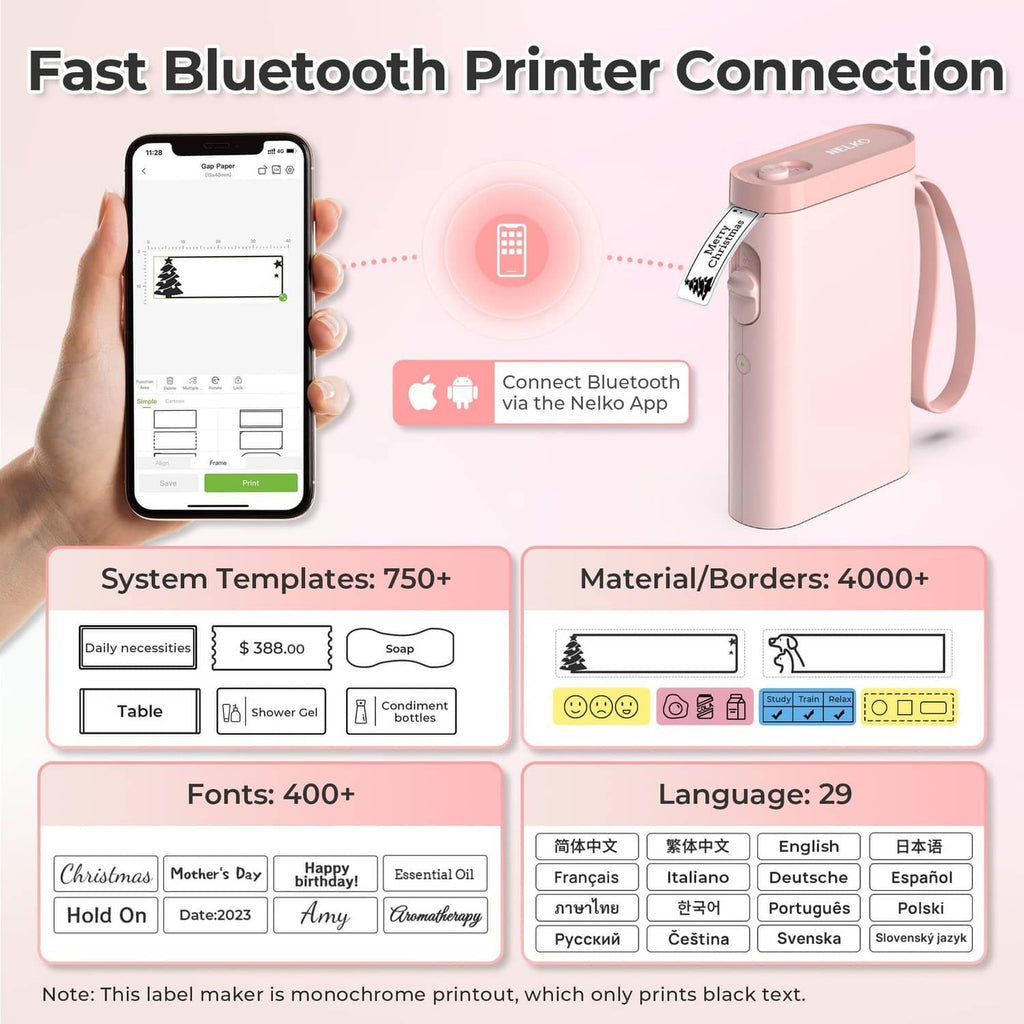 Pink label maker printer with Bluetooth setup screen on phone