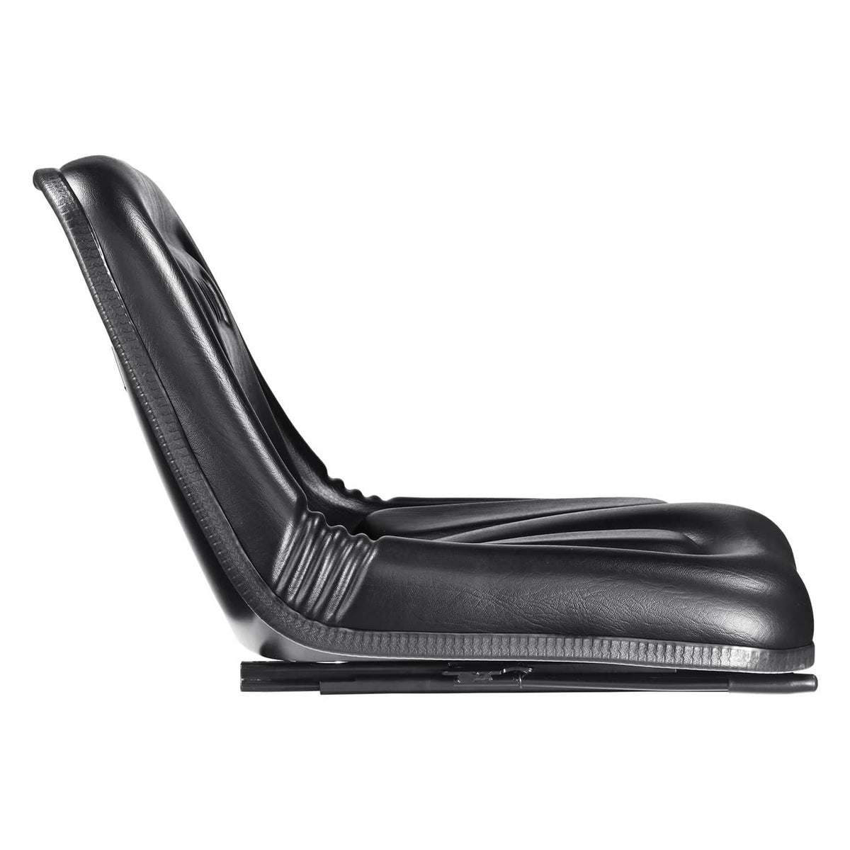 Black forklift seat side profile with textured upholstery and base rails