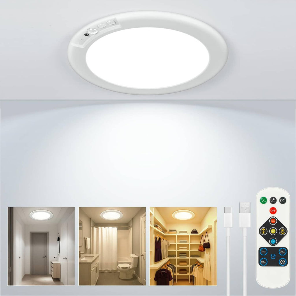 Round white LED ceiling light with motion sensor and control buttons