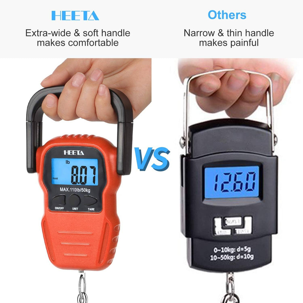 Orange handheld scale with wide soft handle and backlit LCD screen