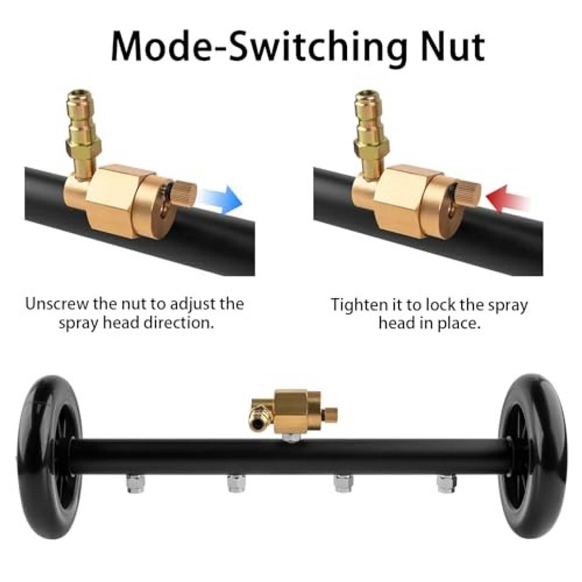 Undercarriage washer spray head with brass mode-switching nut on black wand