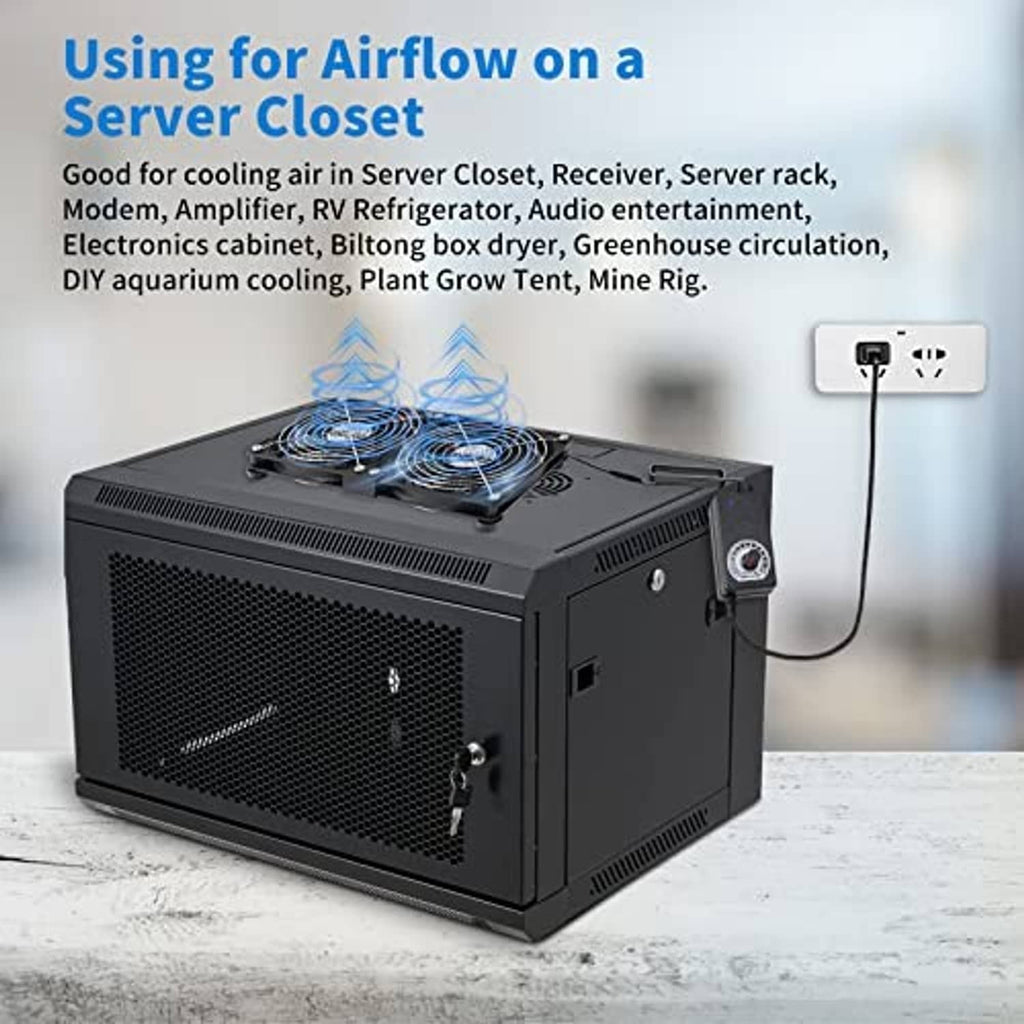 Dual 120mm cooling fan set with speed controller mounted on a black server