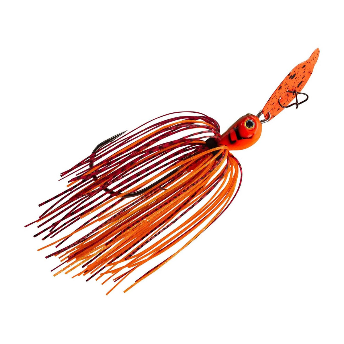 Orange fishing lure with red-striped skirt strands and orange head bait, side view