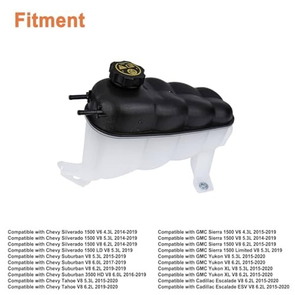 Engine coolant reservoir tank with cap, black cover and white body with side outlet