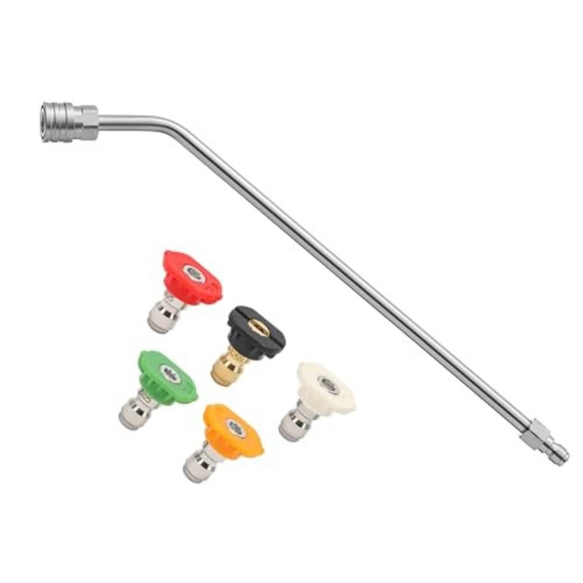 Pressure washer extension wand with 45-degree curved head and quick-connect ends