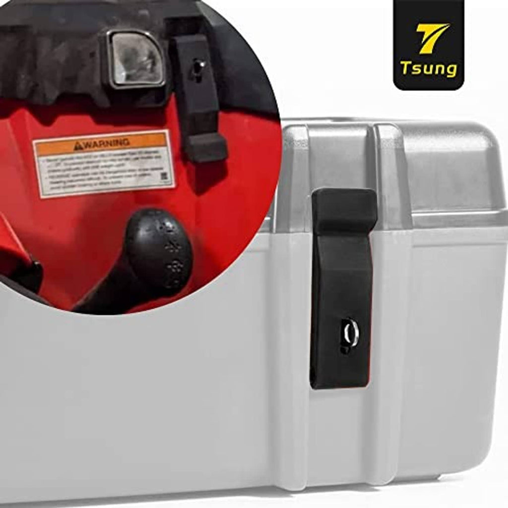 Black latch on a white storage case wall, with metal fixing point and rubber grip