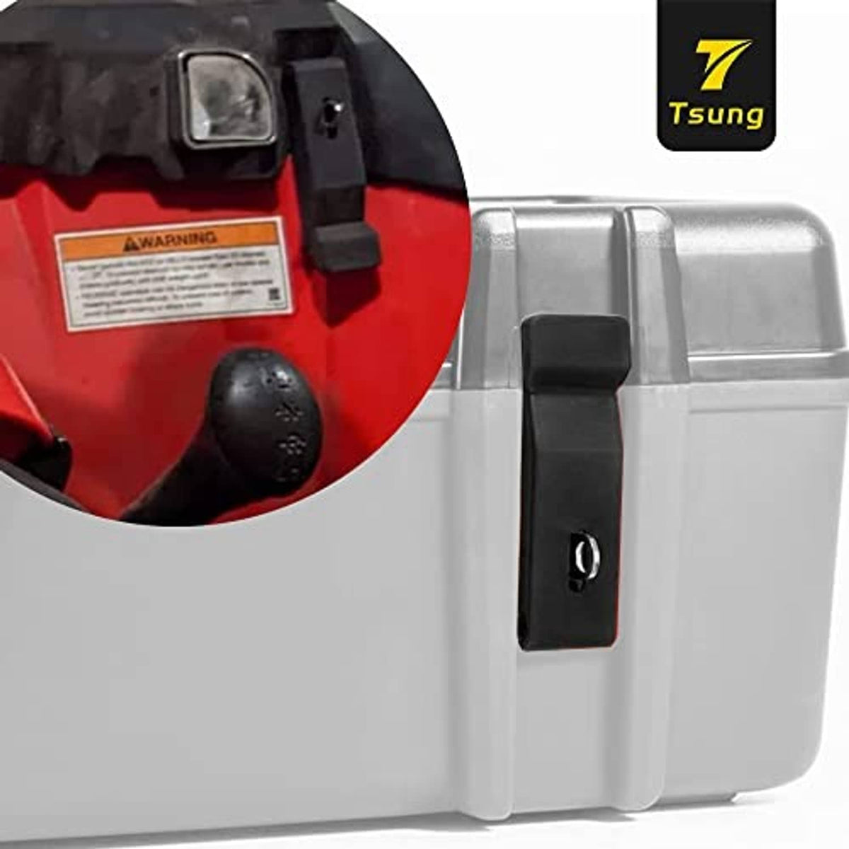 Black latch on a white storage case wall, with metal fixing point and rubber grip