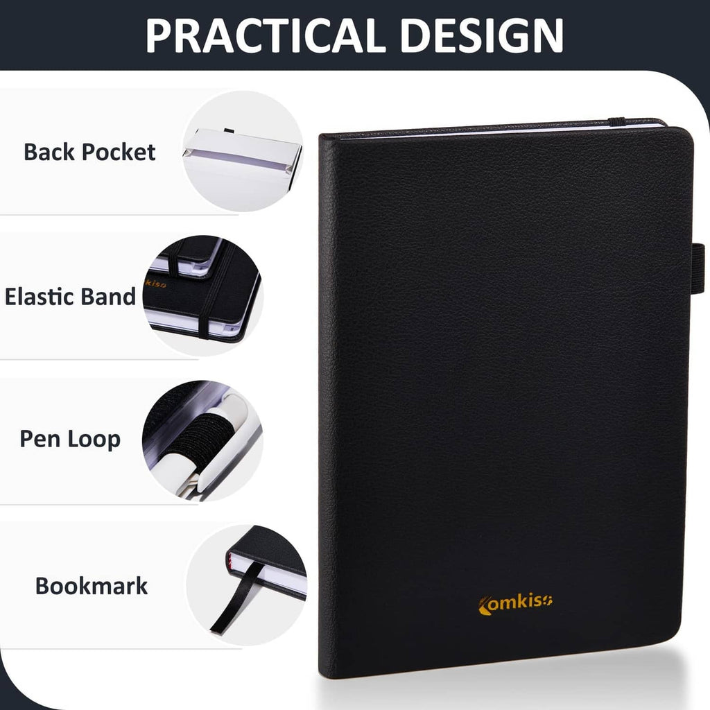 Black password book with back pocket, elastic band, pen loop, and bookmark.
