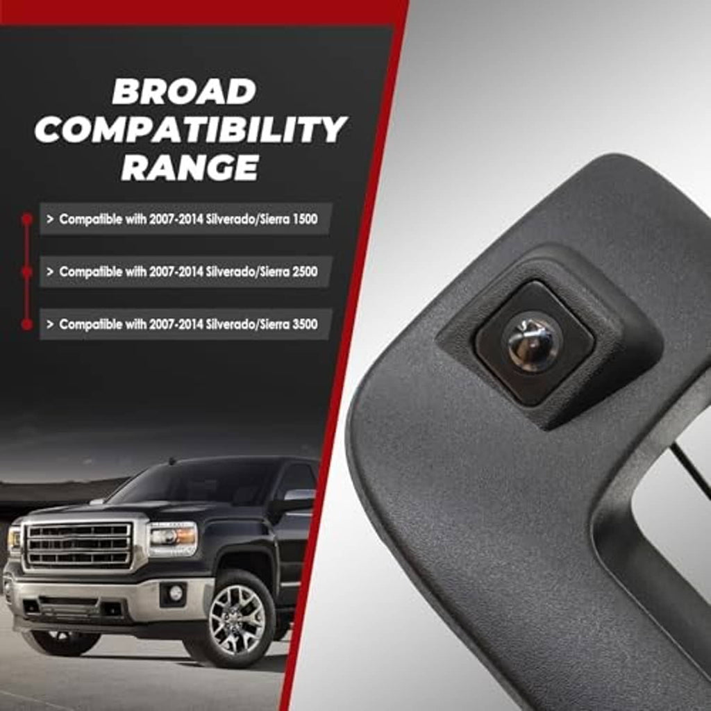 Black textured tailgate handle camera housing with mounting screw