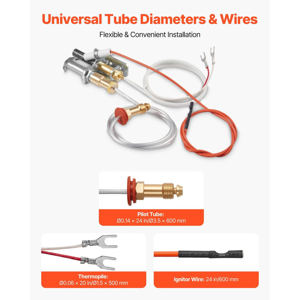 Gas pilot assembly kit with flexible tubing and red/white ignition and thermopile wires