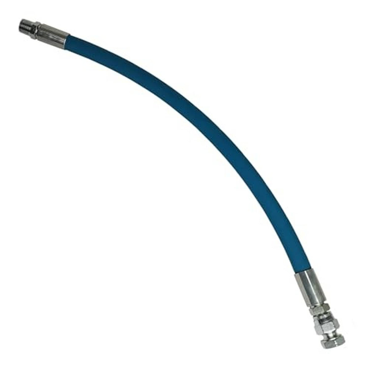 Blue oil changing hose with metal fittings on both ends