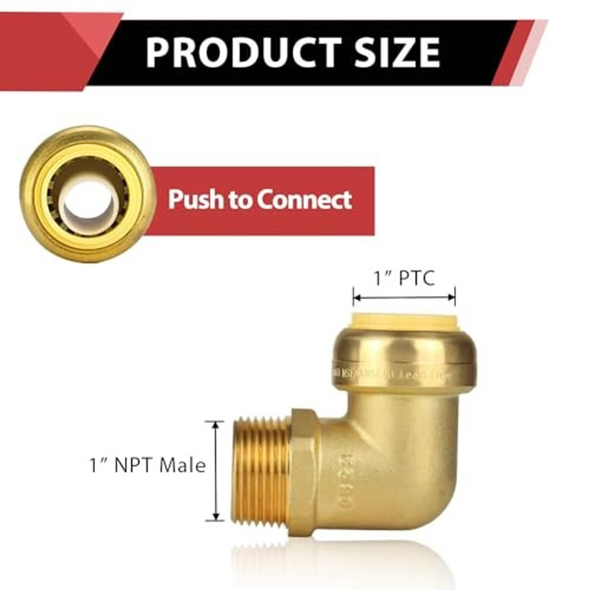Brass push-fit 90° elbow fitting, 1 in male NPT threaded end and 1 in PTC