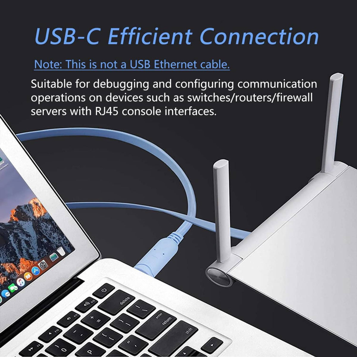 USB-C to RJ45 console cable linking a laptop to a device console interface