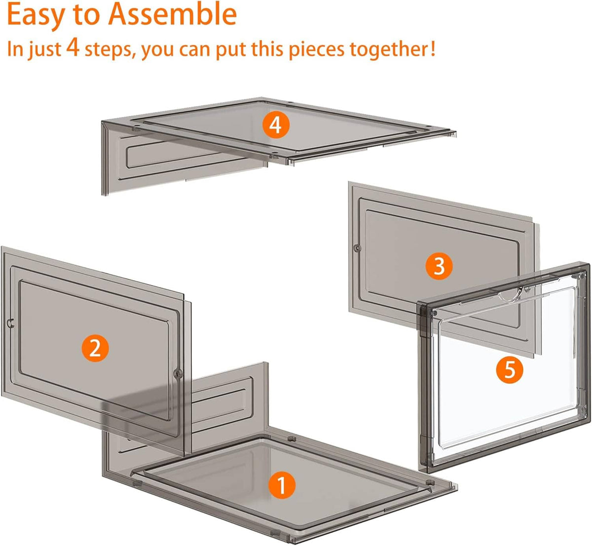 Clear shoe storage box assembly view showing hinged doors and stacked base panels