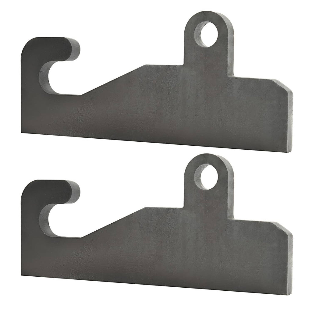 Pair of dark steel quick-attach loader brackets with U-shaped hooks and mounting holes