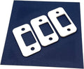 Set of 3 white door strike shims with mounting holes, shown on a blue backing card