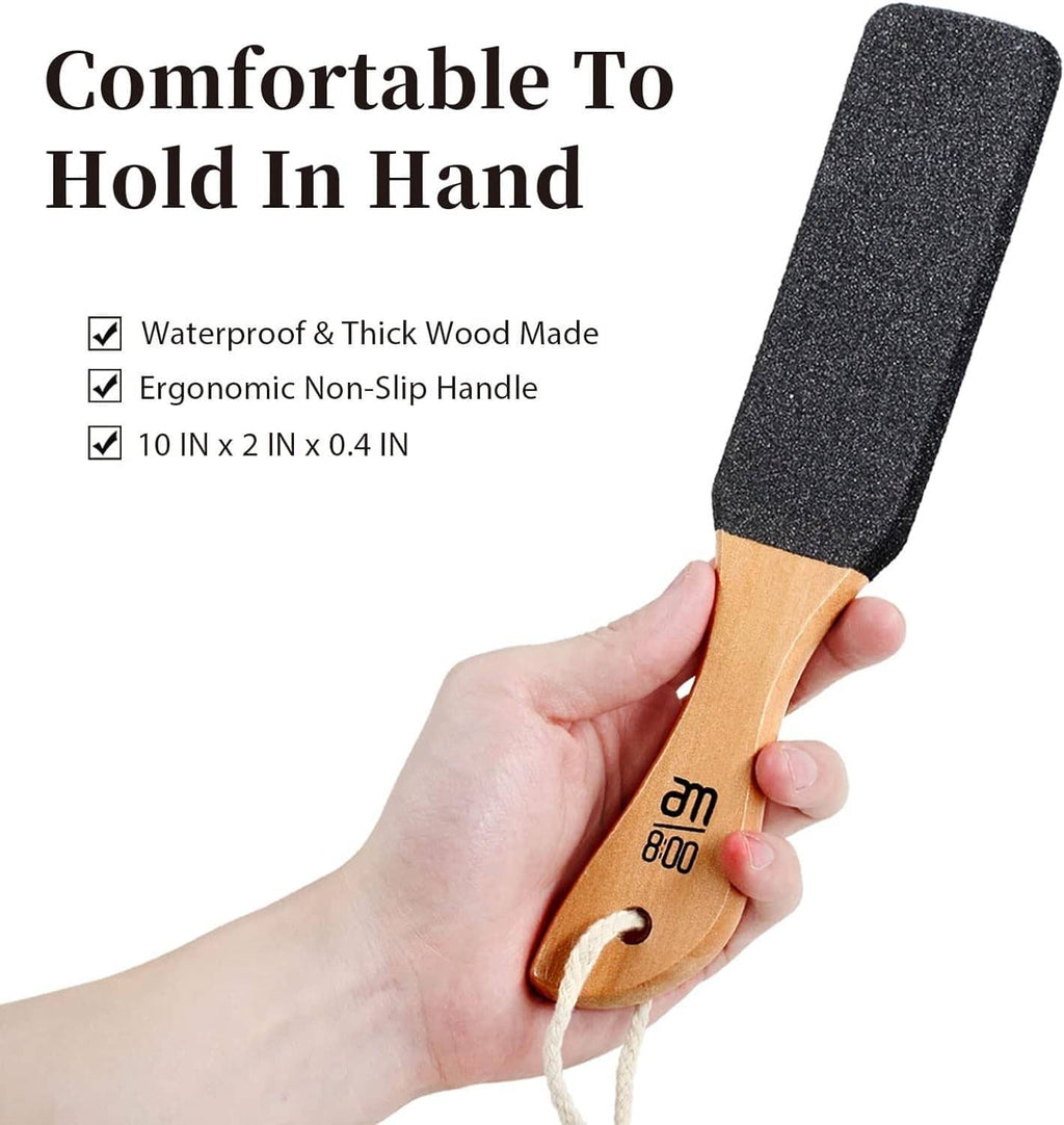 Pumice foot file held in hand, dark scrub pad on ergonomic wooden handle.