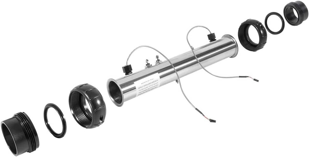 Spa heater assembly kit with stainless steel tube, end caps, and wiring harness