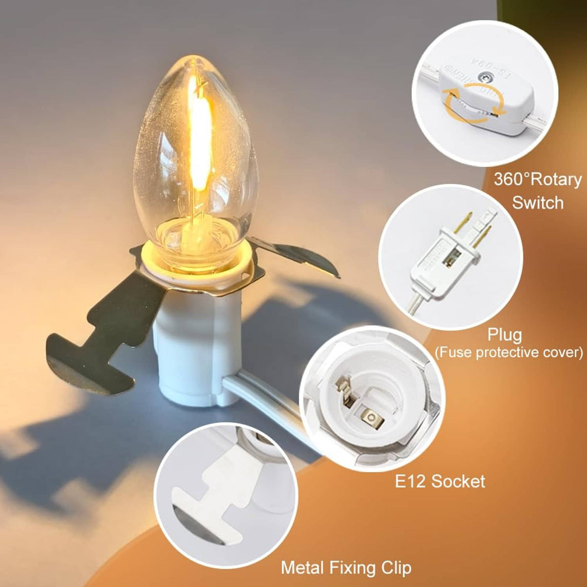 C7 LED bulb lamp cord with E12 socket, metal mounting clips, and rotary switch plug.