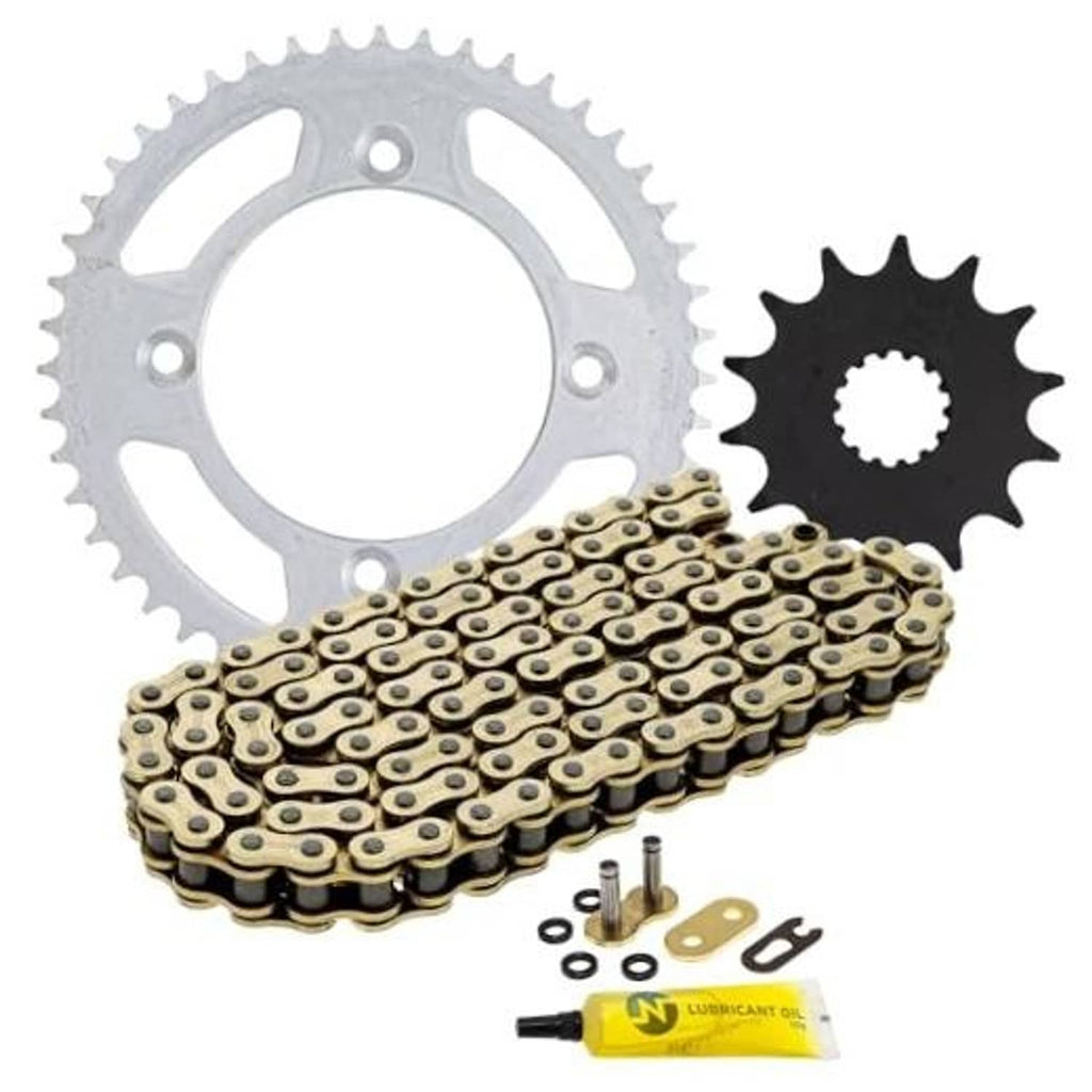 Motorcycle drive sprocket, matching X-ring chain, and small hardware pieces