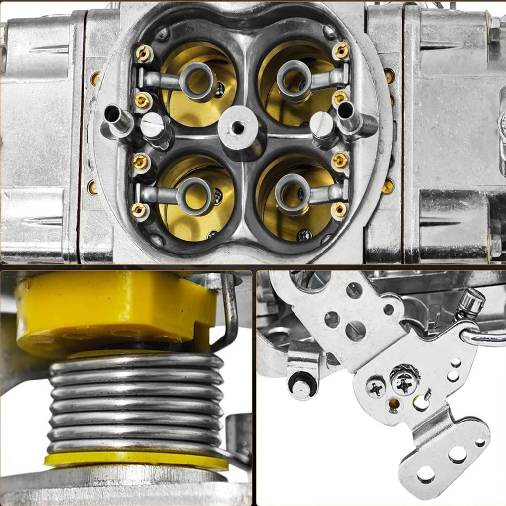 4-barrel carburetor close-ups of gold bowl, spring, and metal linkage plate