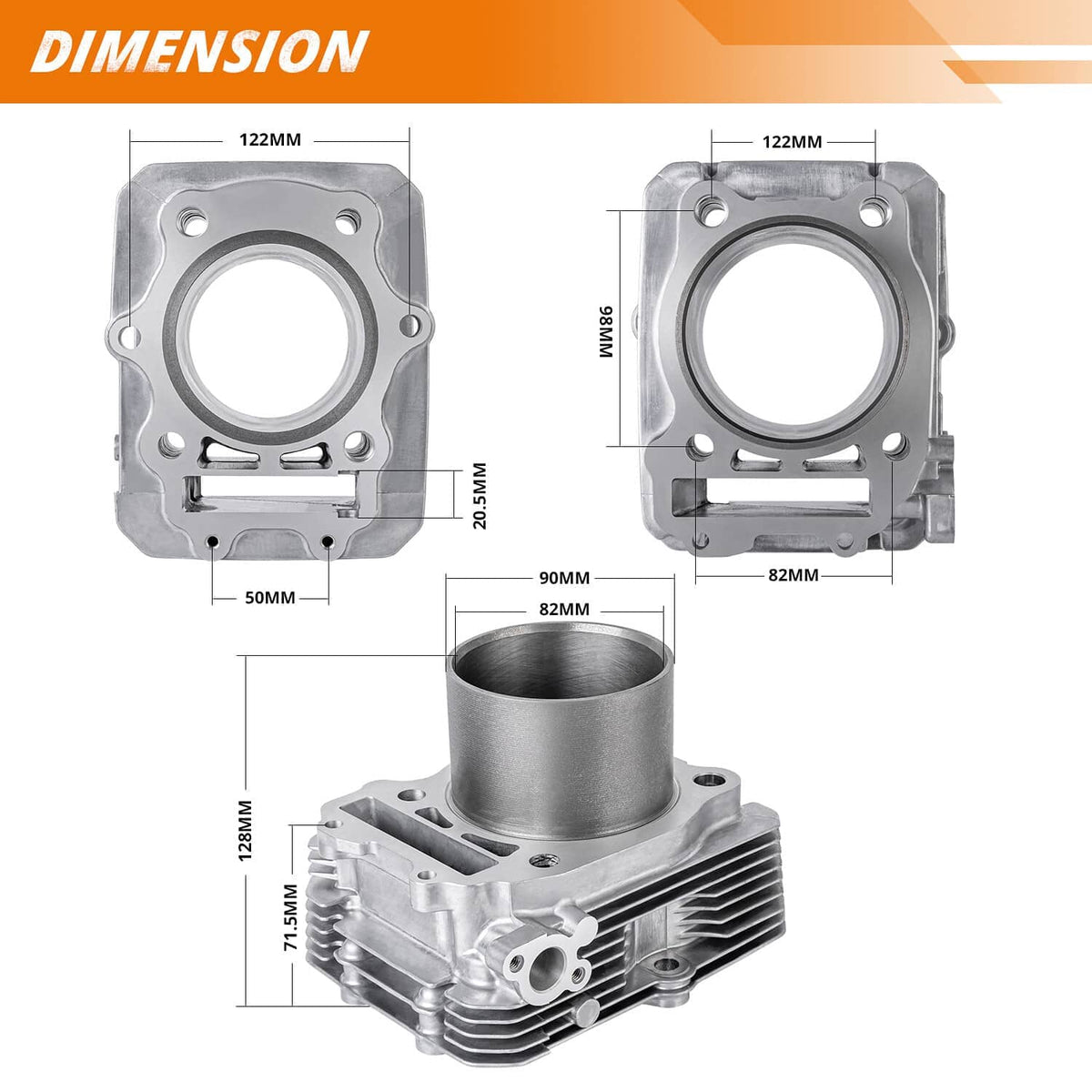 Cylinder assembly dimension diagram with measurement labels and mounting hole outline